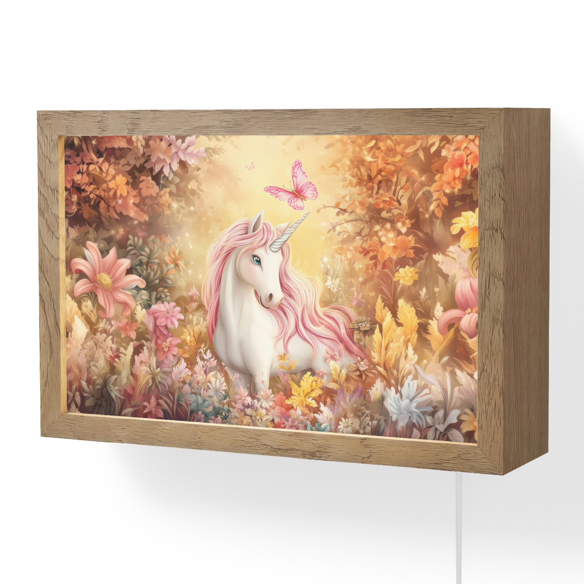 NÁSTĚNNÁ LAMPA Jednorožec - Květiny - Motýl - Růžová 30x20 cm - béžová, kompozitní dřevo (30/20/8cm) - OnlyWow