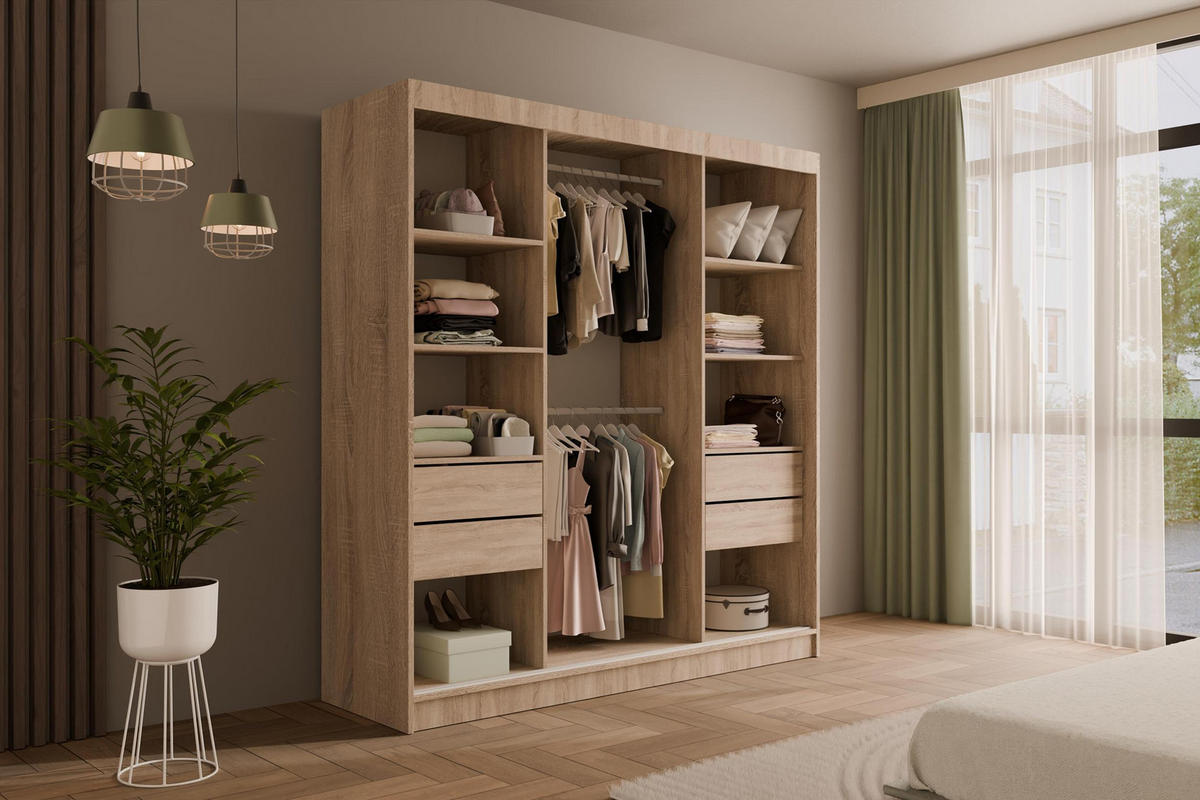 KLEIDERSCHRANK mit Spiegel V2-PRESTIG 215x200 cm - Sonoma Eiche|Braun - Braun/Sonoma Eiche, Holzwerkstoff (200/215/61cm) - ALTDECOR