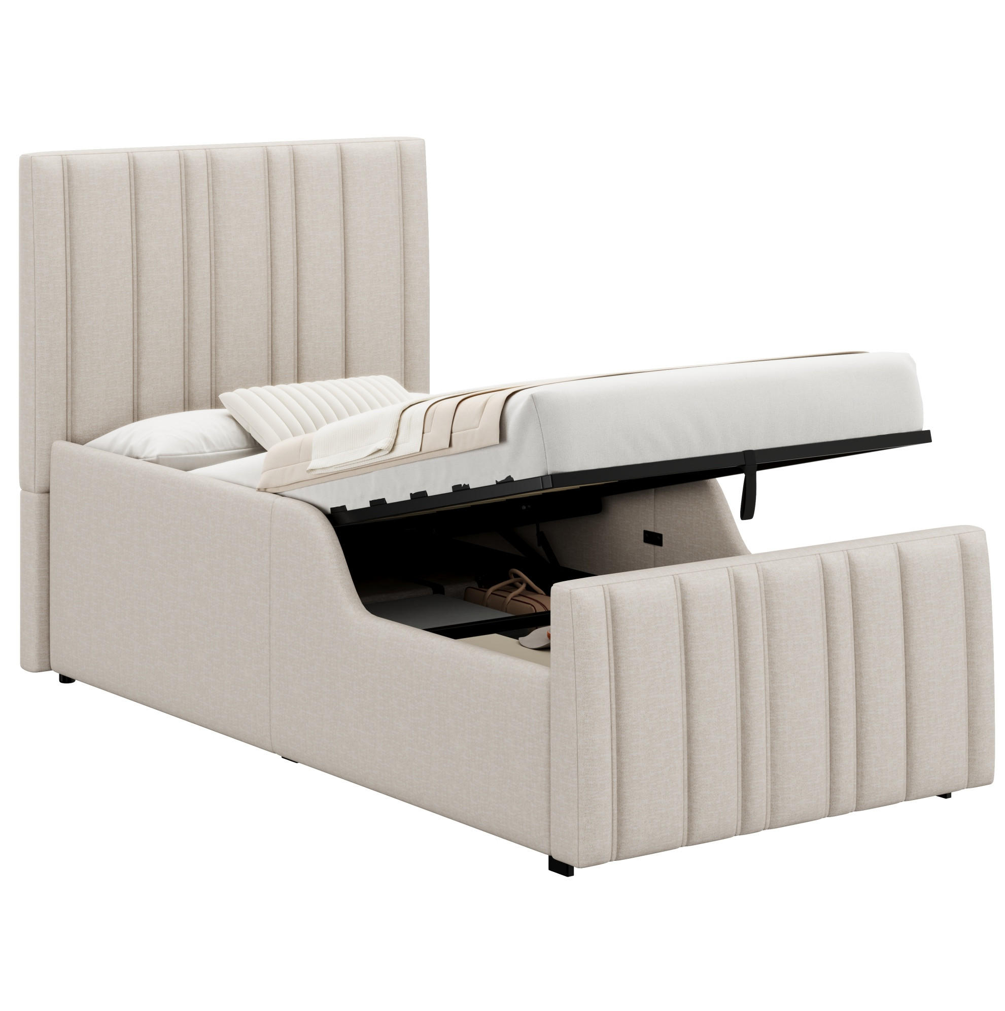 KINDERBETT 90/200 cm mit hydraulischem Bettkasten, Lattenrost, gepolsterten Seitenlehnen und Leinenbezug, Beige - Beige, Textil (90/200cm) - Redom