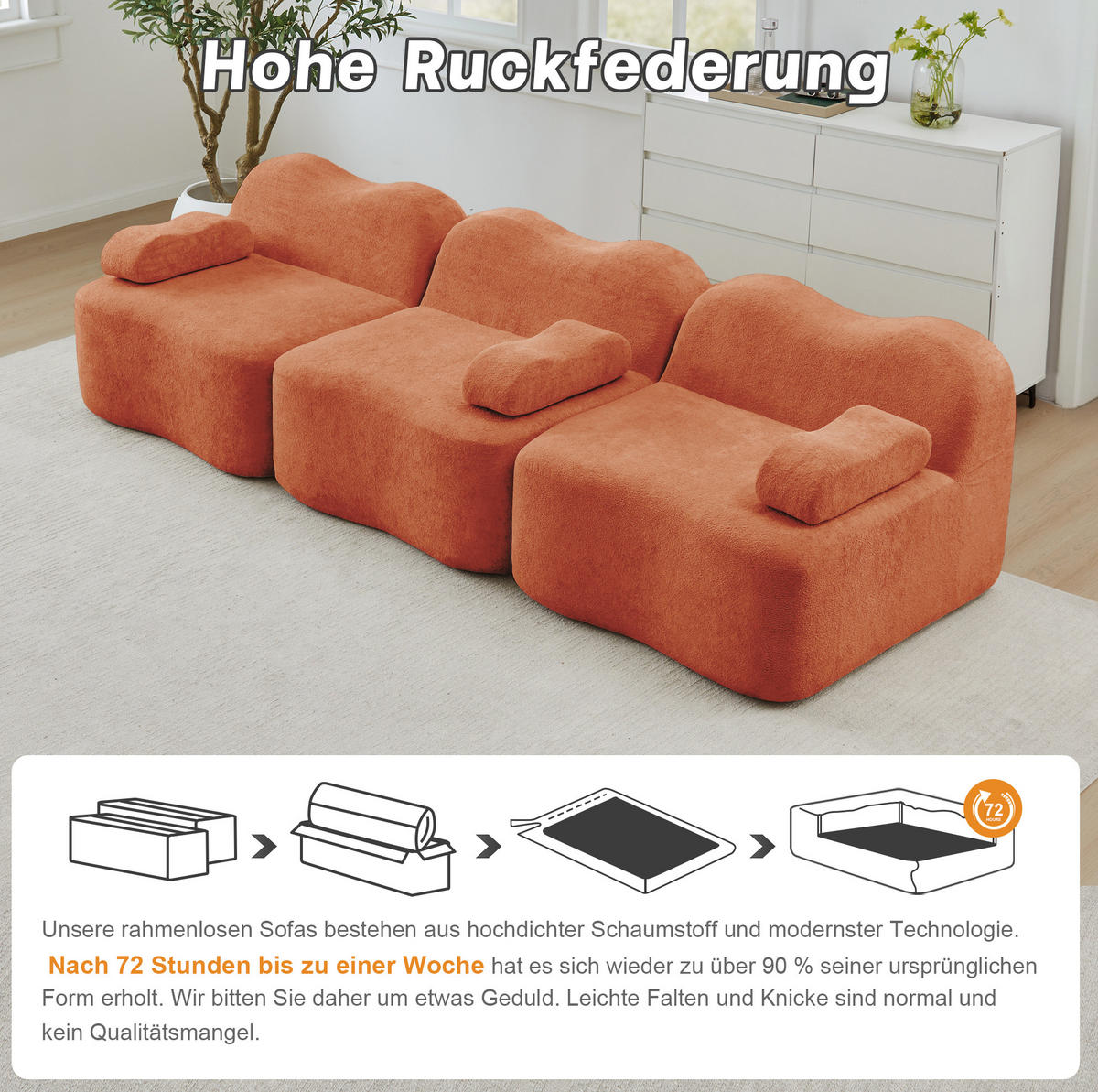 SOFA 288/98/70 cm in Orange aus Samt mit tiefer Sitzfläche - Orange, Textil (98/70/288cm) - Flora Grace