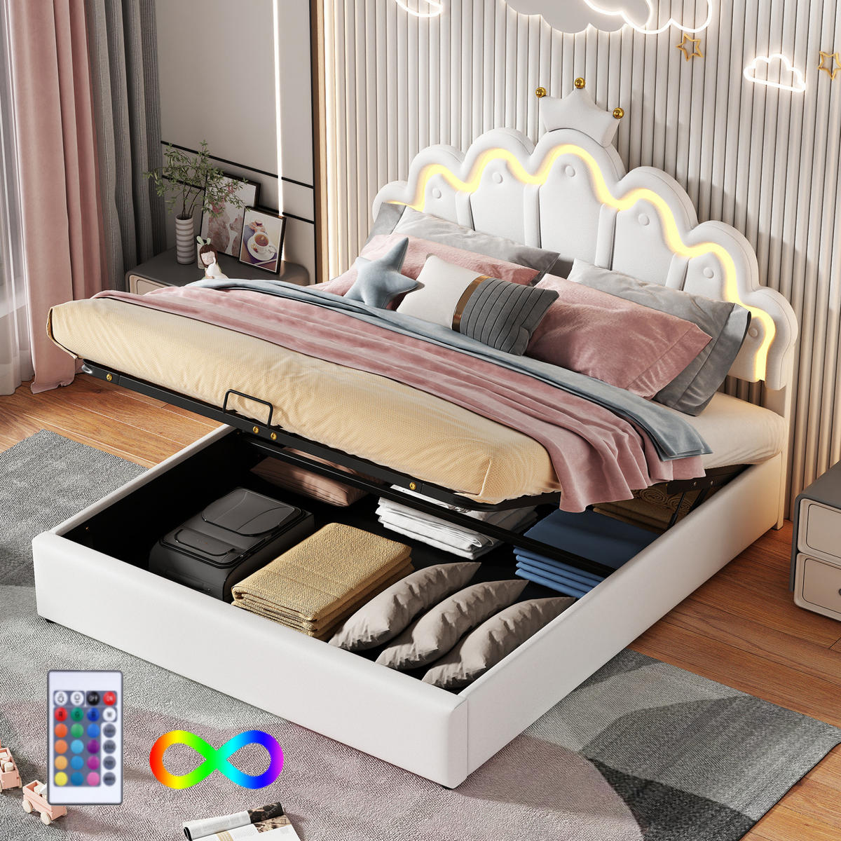 TAPECIRANI krevet 140/200 cm bijeli od PU umjetne kože s LED rasvjetom i spremištem - bijela, plastika (140/200cm) - OKWISH