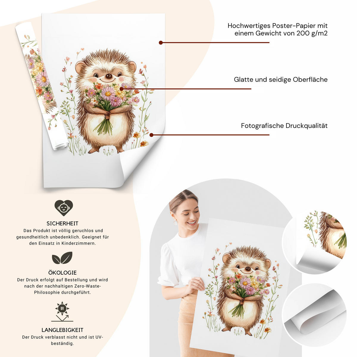 POSTER SET ohne Rahmen für Kinder WALDTIERE Blumen Pflanzen 3x Poster A4 21x30cm - Gelb/Beige, Papier (21/30/1cm) - Muralo