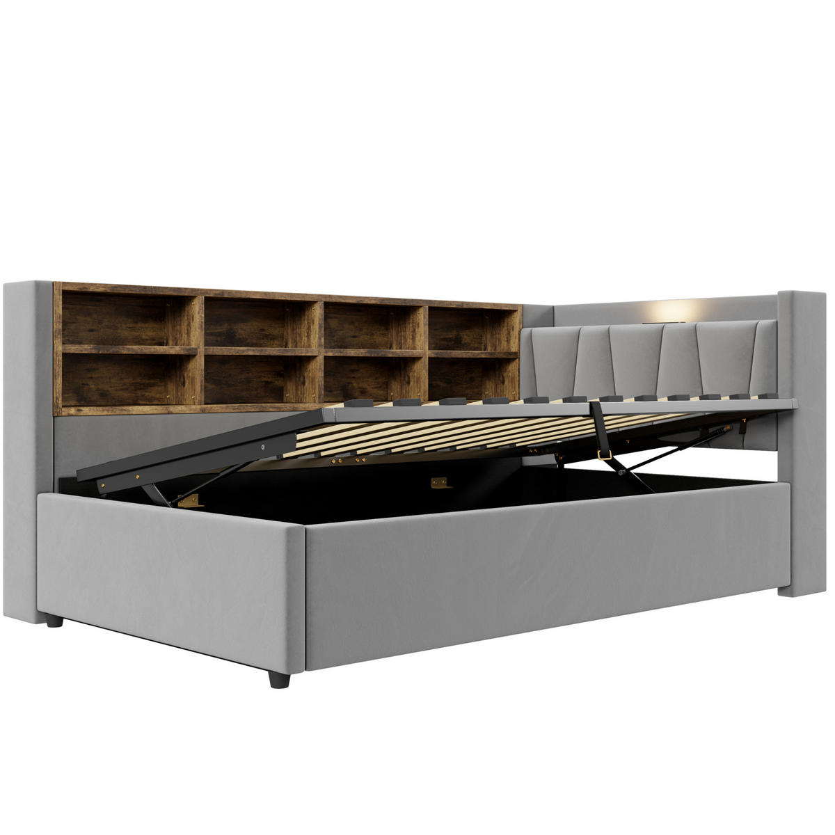 SAMT-POLSTERBETT 90/200 cm mit Bettkasten & USB-Anschluss - Hellgrau, Textil (90/200cm) - BEAOK