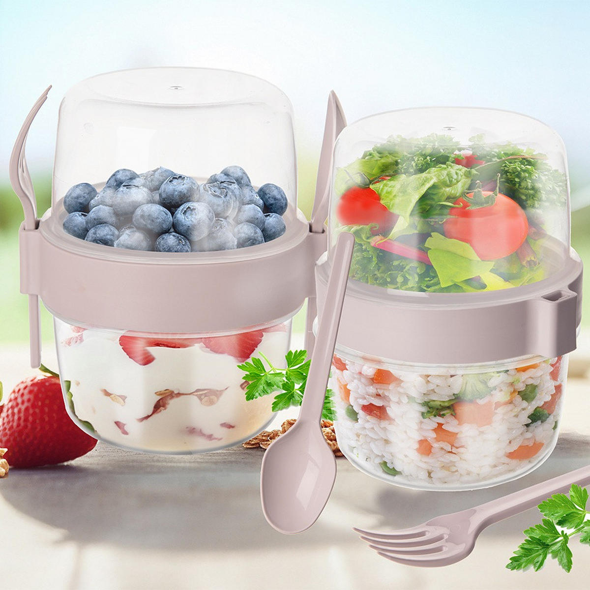 JOGHURTBECHER mit Löffel für die Lunchbox 370 ml 2 Stück. - Creme, Kunststoff (10.5/13.5/12.5cm) - Orion 