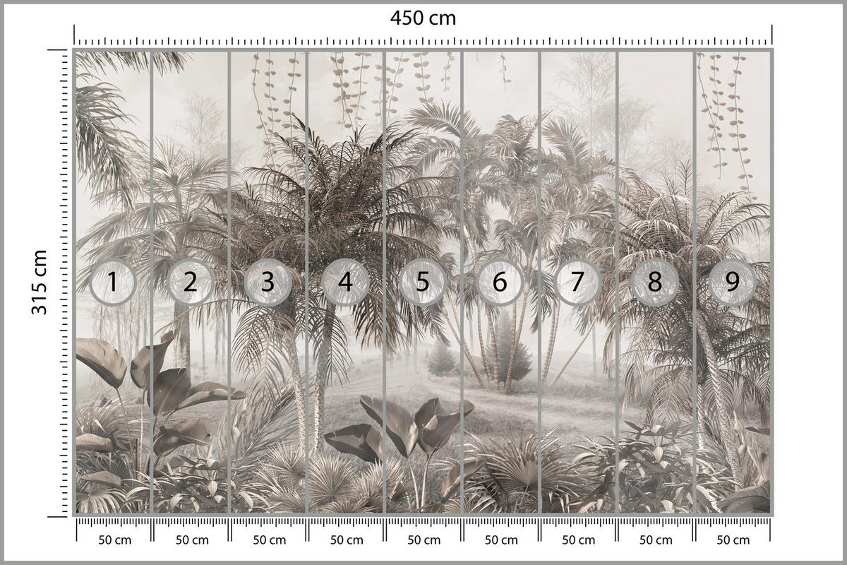 FOTOTAPETE für Büro Vintage Tropisch Dschungel Palmen Blätter 450x315 - Beige/Braun, Papier (450/315cm) - Muralo