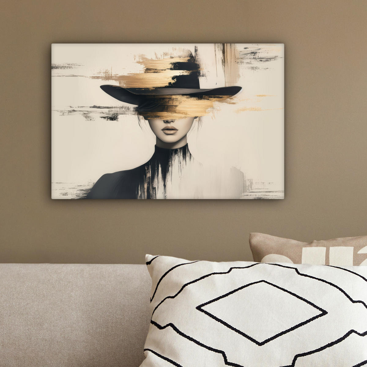 LEINWANDBILD Frau - Hut - Farbe 30x20 cm - Goldfarben, Textil (30/20cm) - MuchoWow