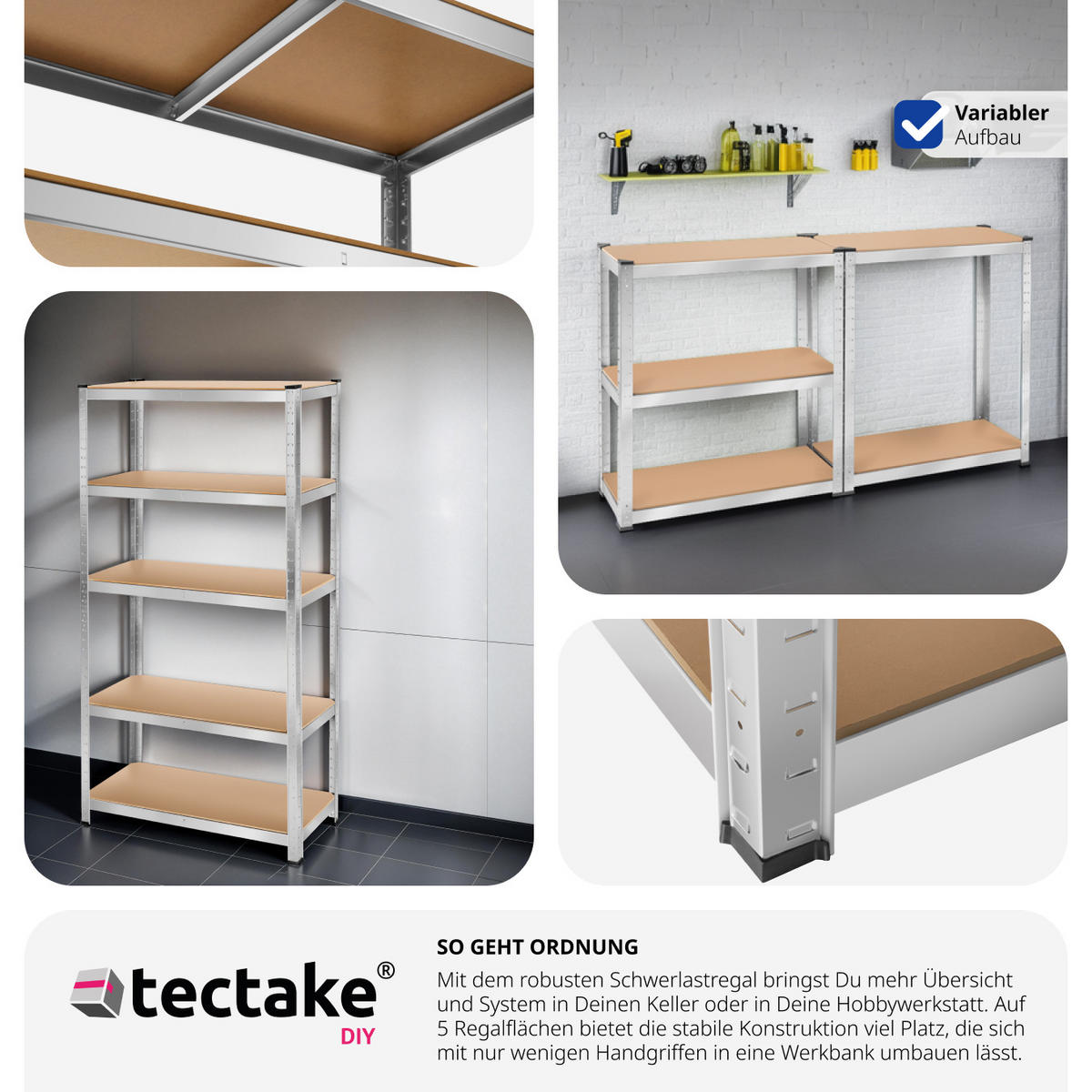SCHWERLASTREGAL ,schnelle Montage,silber - Silberfarben, Metall (40/180/90cm) - tectake