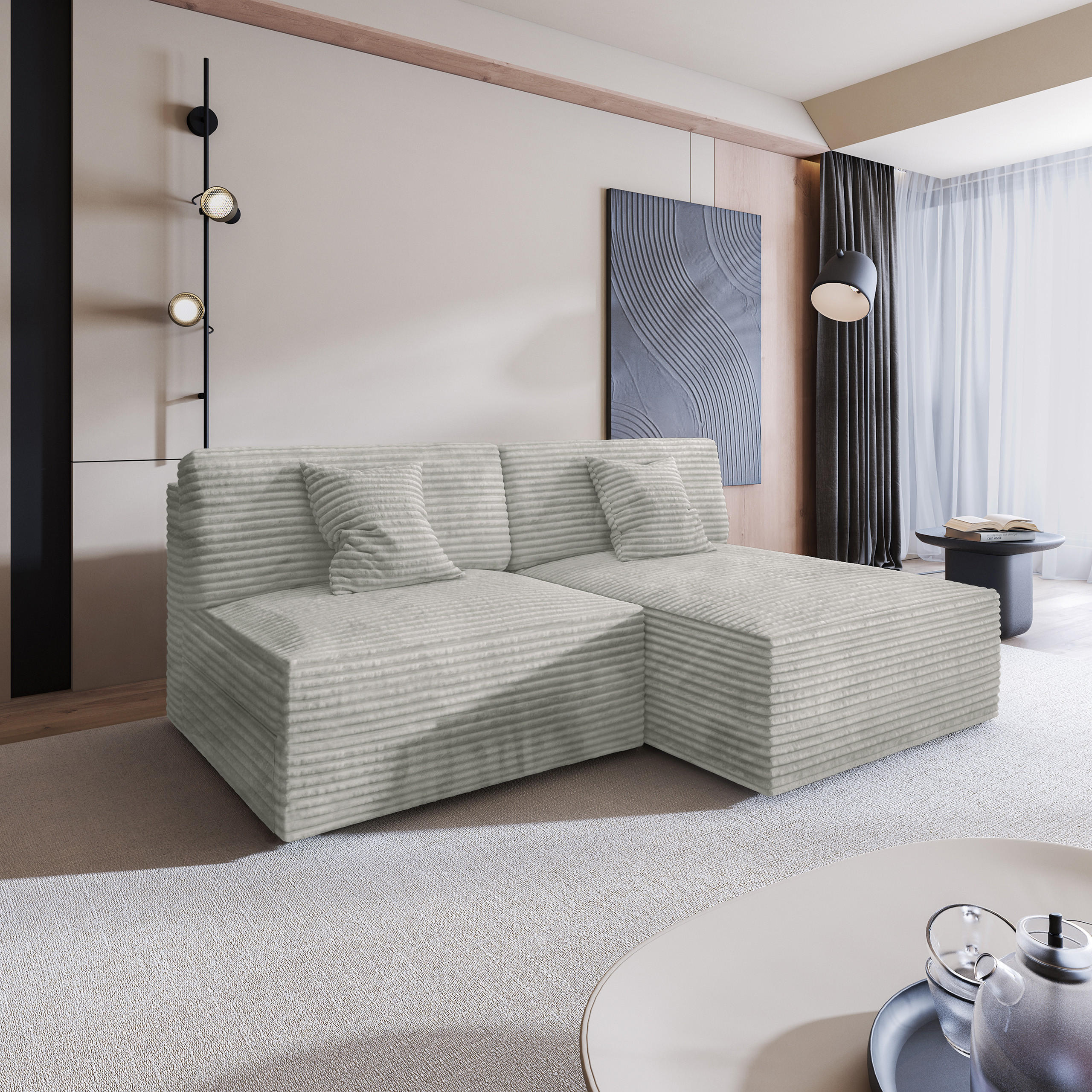 ECKSOFA FIORO Hellgrau Kordstoff mit Schlaffunktion - Hellgrau, Holz (204/148cm) - MASSENO