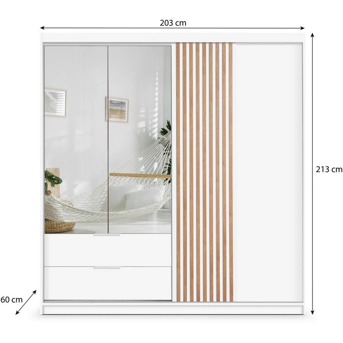 DREHTÜRENSCHRANK Madero mit Spiegel und 2 Schubladen, 203 cm, Weiß - Weiß, Holzwerkstoff (203/213/60cm) - Beautysofa