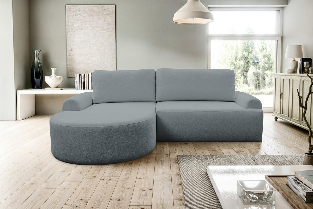 ECKSOFA Dream in L-Form mit Schlaffunktion und Bettkasten, Farbe: Grau, Bouclé-Stoff, Ottomane Links - Grau, Textil (136/260cm) - VENASI MÖBEL