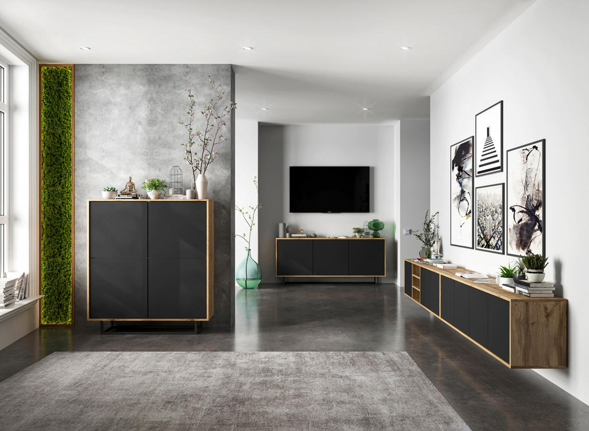 TV-SCHRANK Apollo2 Eiche wotan Schwarz Matt 150 cm - Schwarz, Holzwerkstoff (150/39/35cm) - Meble Lindner