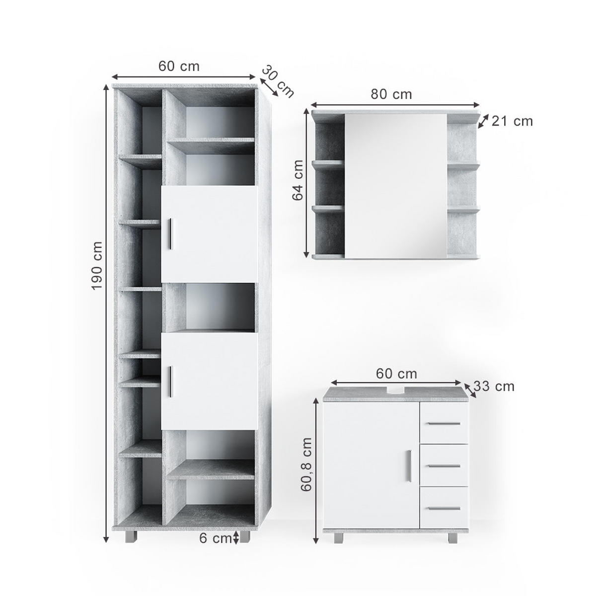 BADMÖBEL-SET Ilias Beton 3 Teile, mit Hochschrank - Weiß/Grau, Holzwerkstoff (60/60.8/33cm) - Vicco