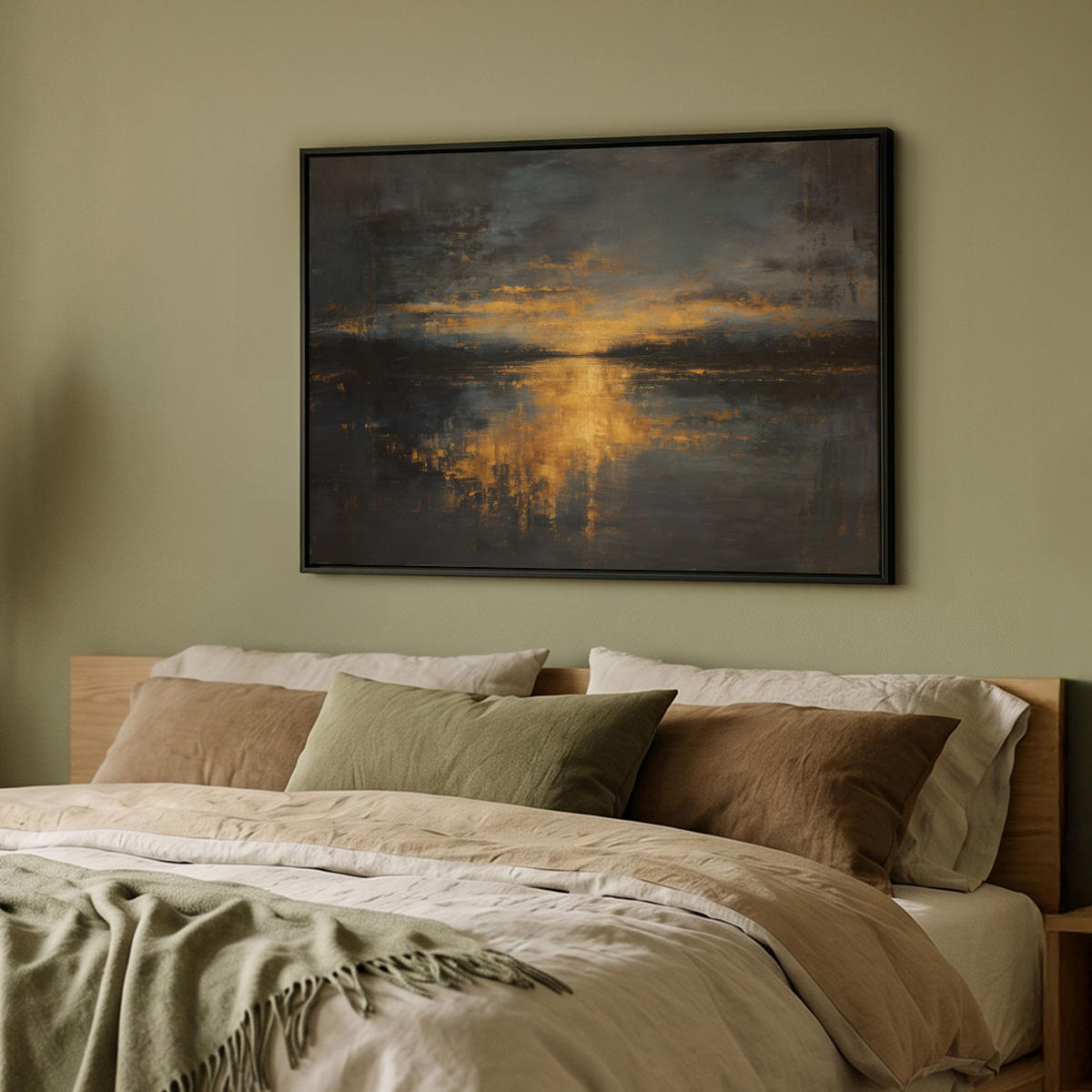 LEINWAND Bilder mit Rahmen - Goldene Reflexion auf dem Wasser - 100x70 - Anthrazit, Textil (100/70cm) - MuchoWow