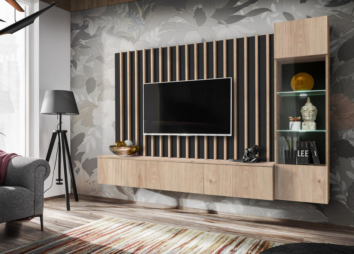 WOHNWAND schwarz, Eiche Jackson 220 cm, Schrankwand mit LED Beleuchtung - Eichefarben/Schwarz, Glas/Holzwerkstoff (220/148/35cm) - Furn.Design