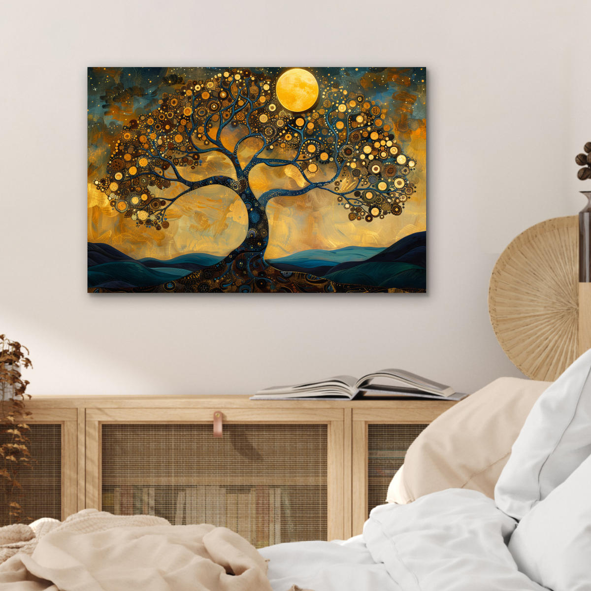 METALLBILD Baum - Mond - Blumen - Gold - Kunst 60x40 cm - Orange, Metall (60/40cm) - MuchoWow
