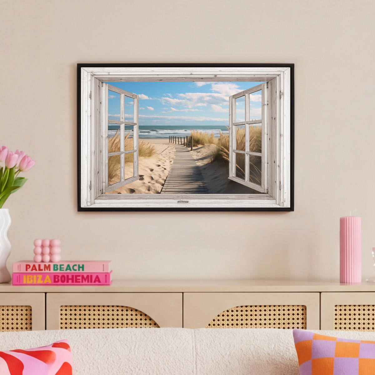 LEINWAND Bilder mit Rahmen - Fenster - Meer - Küste - Natur - Ausblick - Strand - Wattenmeer - 60x40 - Beige, Textil (60/40cm) - MuchoWow