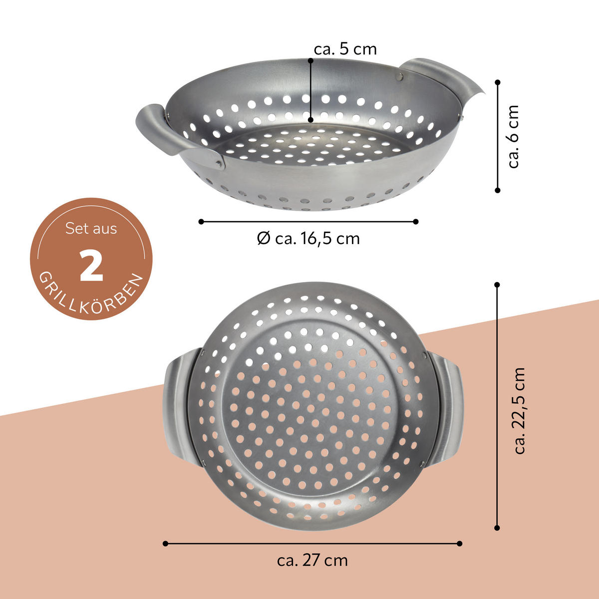 GRILLKORB 2er-Set, silber, Edelstahl - Edelstahlfarben, Metall (22.5/27/6cm) - bremermann