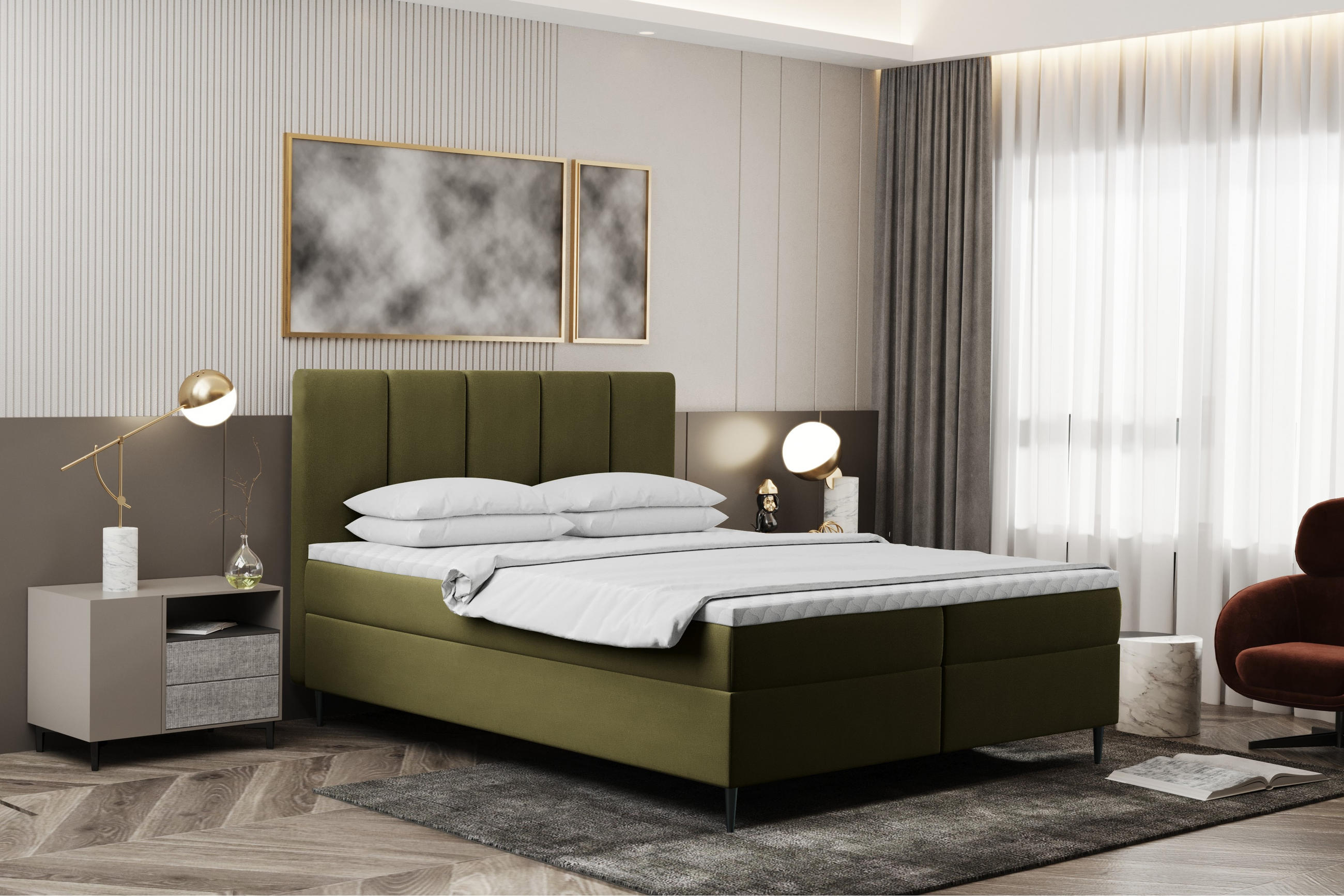 BOXBETT Mit Bettkasten Und Matratze POEL Olive 180x200 cm H3-Bonell - Mooreichefarben/Rot, Holz/Holzwerkstoff (180/200cm) - Kaiser Möbel
