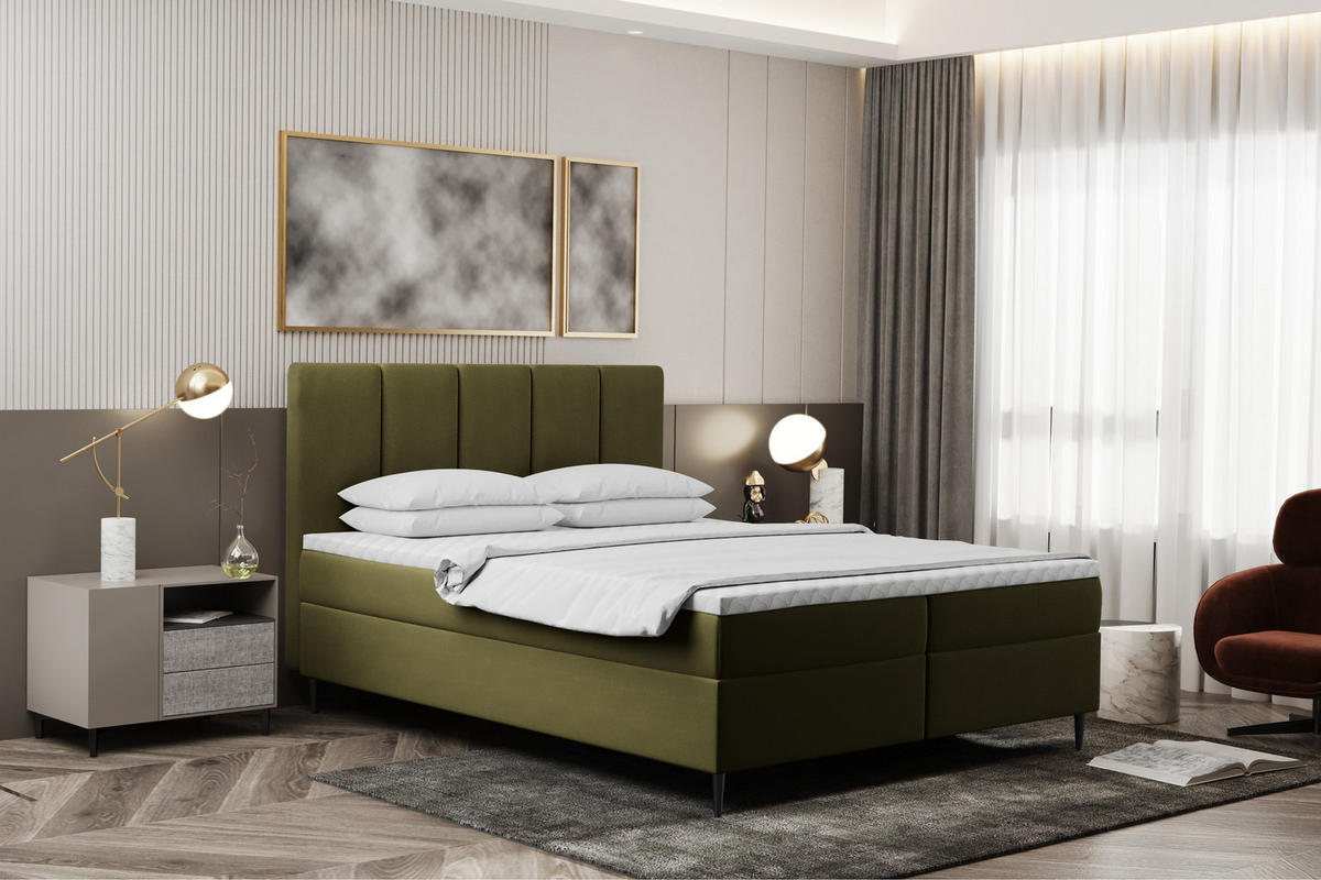 BOXBETT Mit Bettkasten Und Matratze POEL Olive 160x200 cm H2-Pocket - Schwarz/Olivgrün, Holz/Textil (166/200cm) - Kaiser Möbel