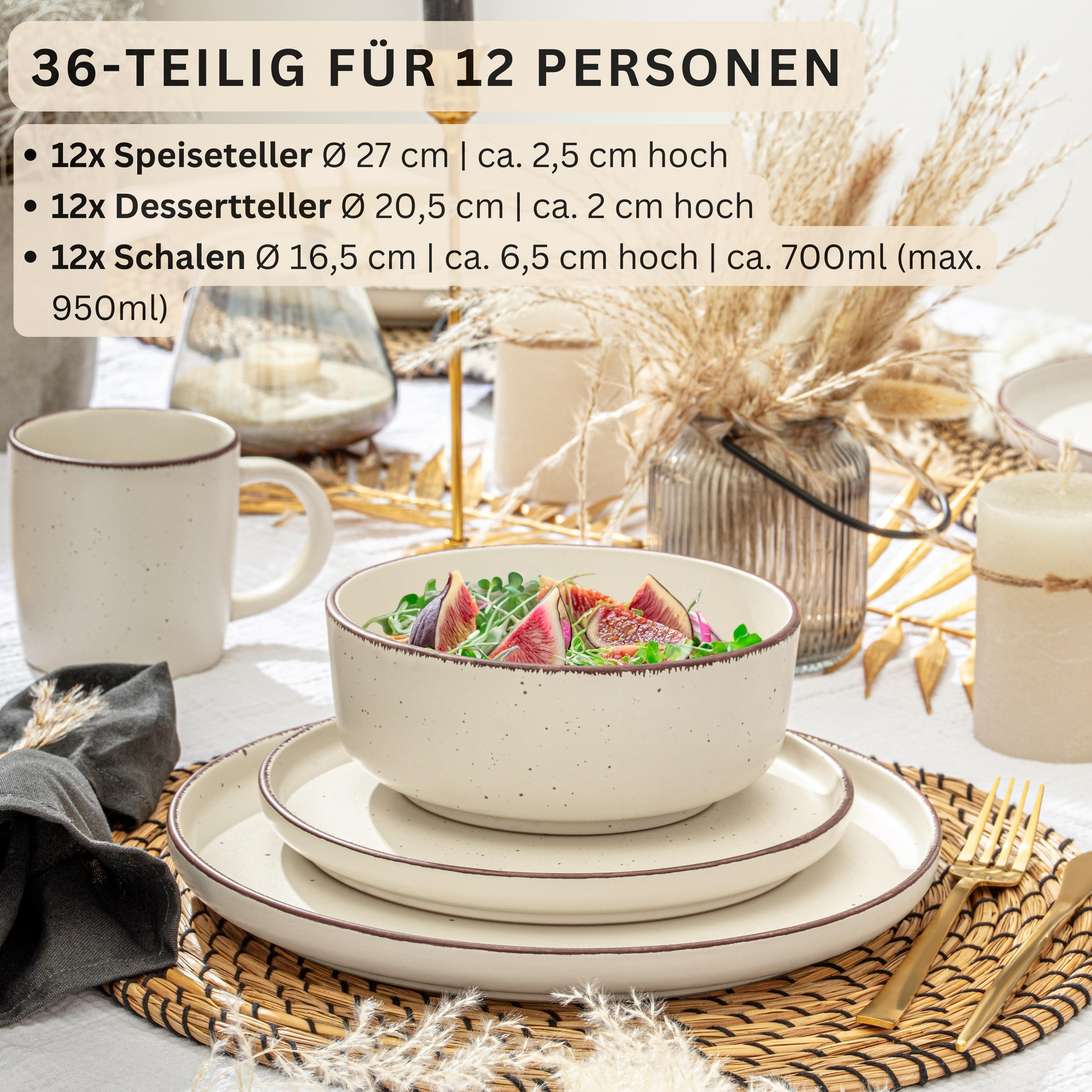 TAFELSERVICE BOMBAY BEACH - 36 teilig aus Steingut 12 Personen - Sandfarben, Stein (50/30/80cm) - Sänger