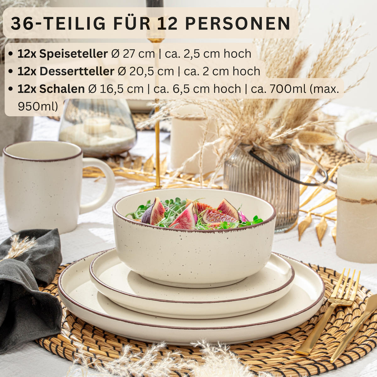 TAFELSERVICE BOMBAY BEACH - 36 teilig aus Steingut 12 Personen - Sandfarben, Stein (50/30/80cm) - Sänger