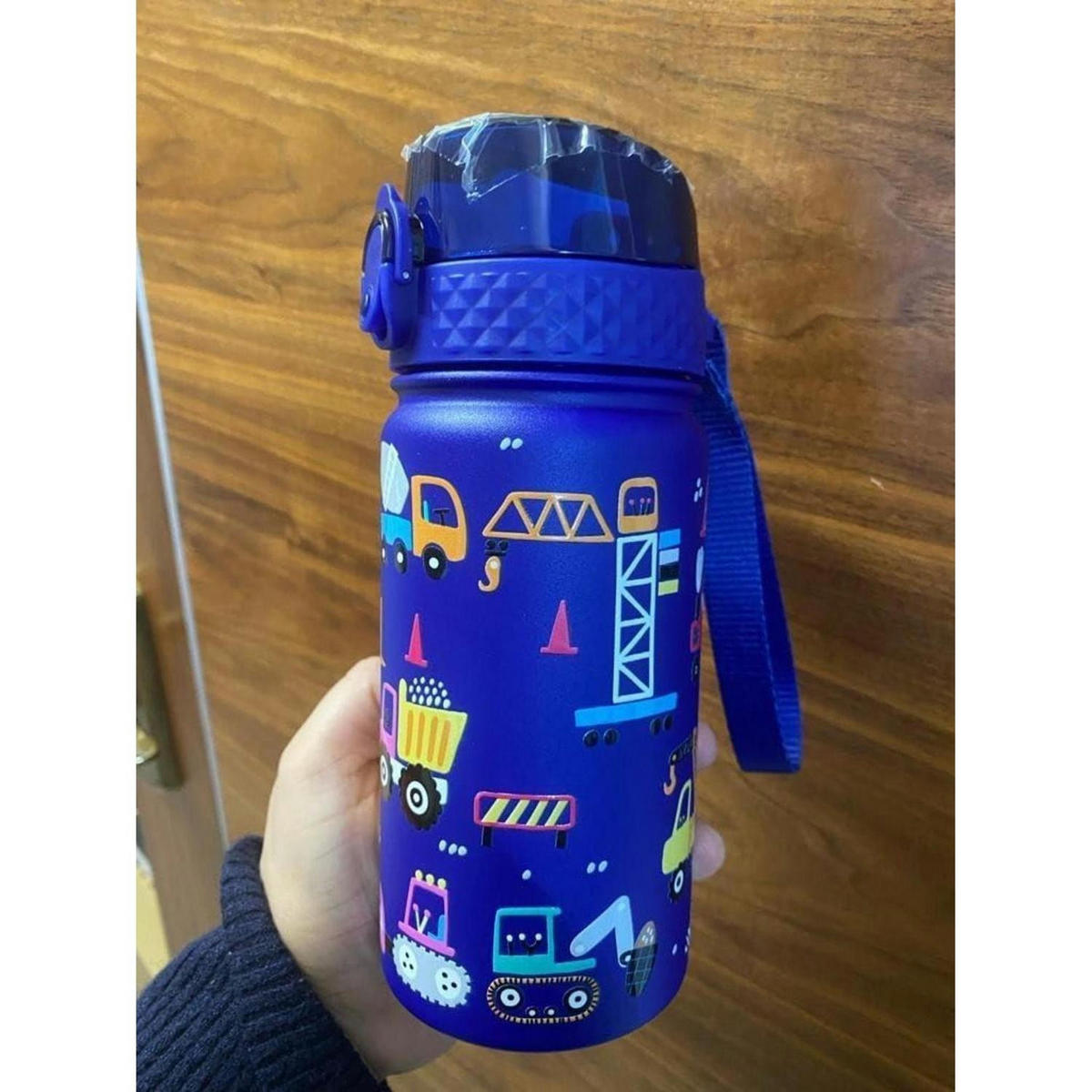 TRINKFLASCHE Kinder 420ml Edelstahl mit Strohhalm und auslaufsicherem Deckel Blaues Baufahrzeug - Blau, Metall (7.5/7.5cm)