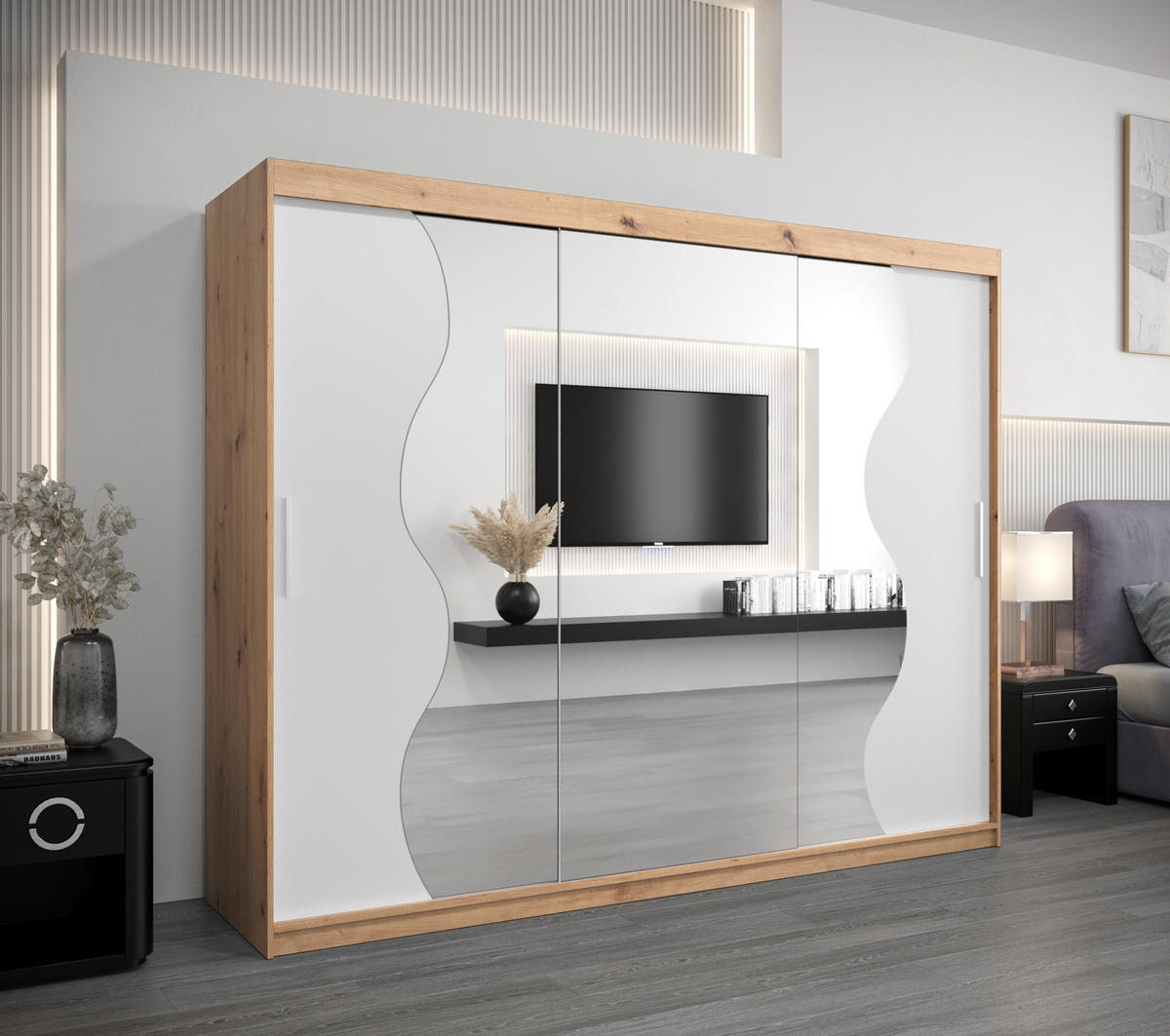 SCHWEBETÜRENSCHRANK 200/250/62 3-türig - Silberfarben/Weiß, Holz/Kunststoff (250/200/62cm) - MÖBEL KRYSPOL