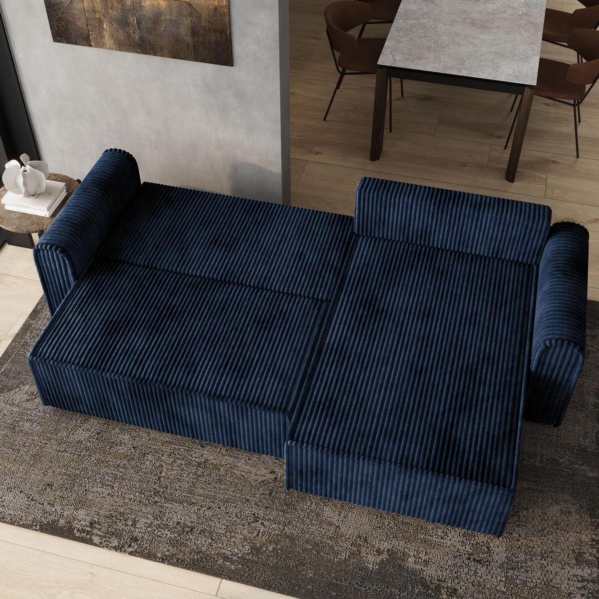 ECKSOFA VALTINO Blau Kordstoff mit Schlaffunktion - Blau, Holz (275/148cm) - MASSENO