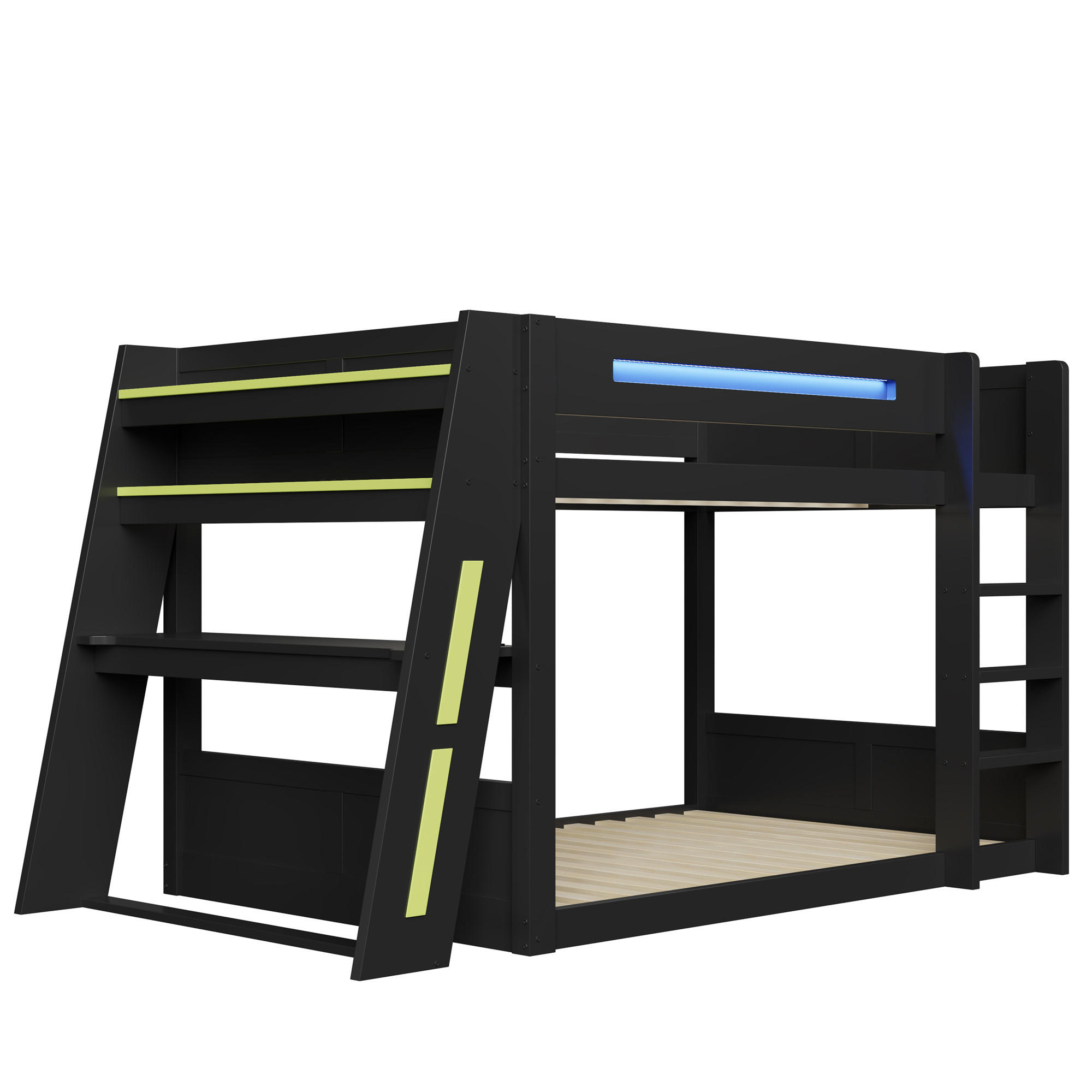 ETAGENBETT 140/200 cm in Schwarz aus MDF und Kiefer mit Schreibtisch, USB und LED - Schwarz/Grün, Holz/Holzwerkstoff (140/200cm) - WISHDOR