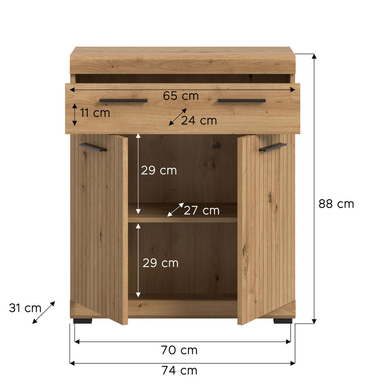 BADKOMMODE Eiche Artisan 74 x 88 cm, Badschrank mit moderner Rillen-Optik - Schwarz/Eiche Artisan, Holzwerkstoff/Kunststoff (74/88/31cm) - Inn.Furn