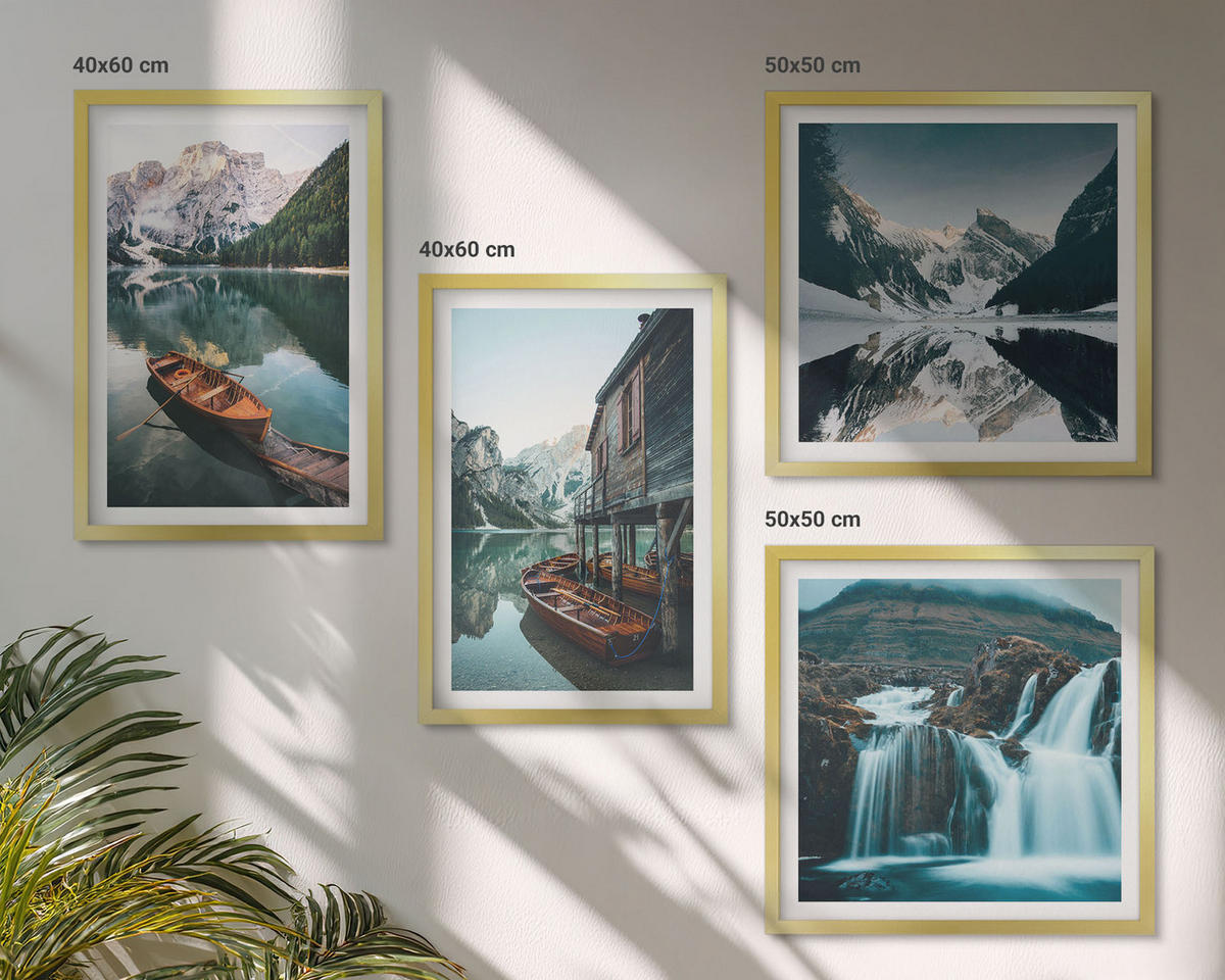 BILDER SET 4er Set - 50x50 cm & 40x60 cm Goldrahmen - Spiegelung der Boote auf Bergseen - Goldfarben, Kunststoff (50/50cm) - TULUP