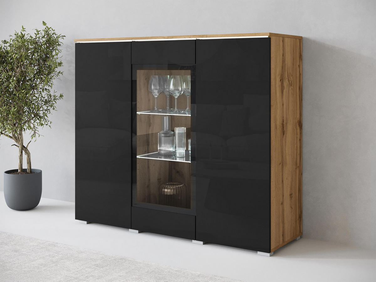 KOMMODE Vera 120 mit weißer LED Beleuchtung - Schwarz Hochglanz/Silberfarben, Holzwerkstoff/Kunststoff (120/104/40cm) - MIRJAN24