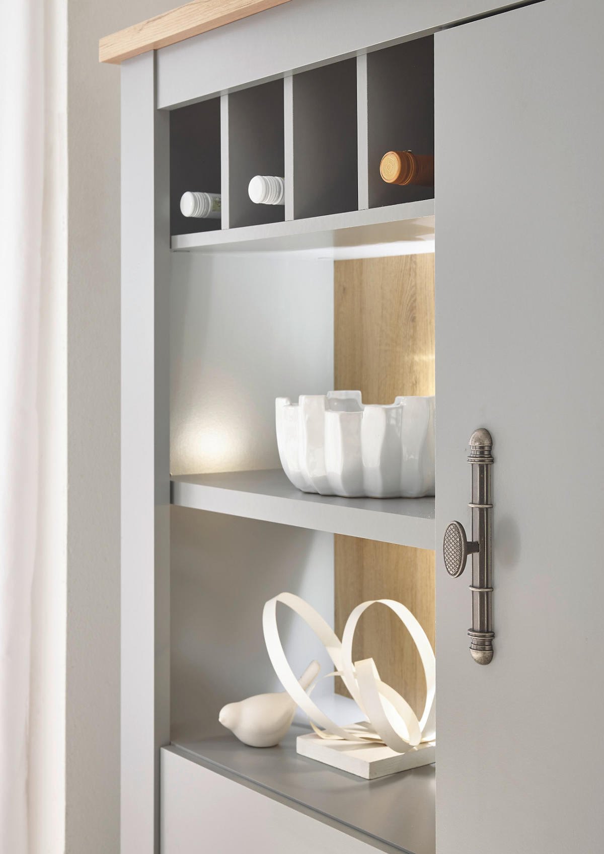 WOHNWAND grau, Artisan Eiche 4-teilig 326 cm, Wohnkombination im Landhaus-Stil - Silberfarben/Hellgrau, Glas/Holzwerkstoff (326/201/44cm) - Furn.Design