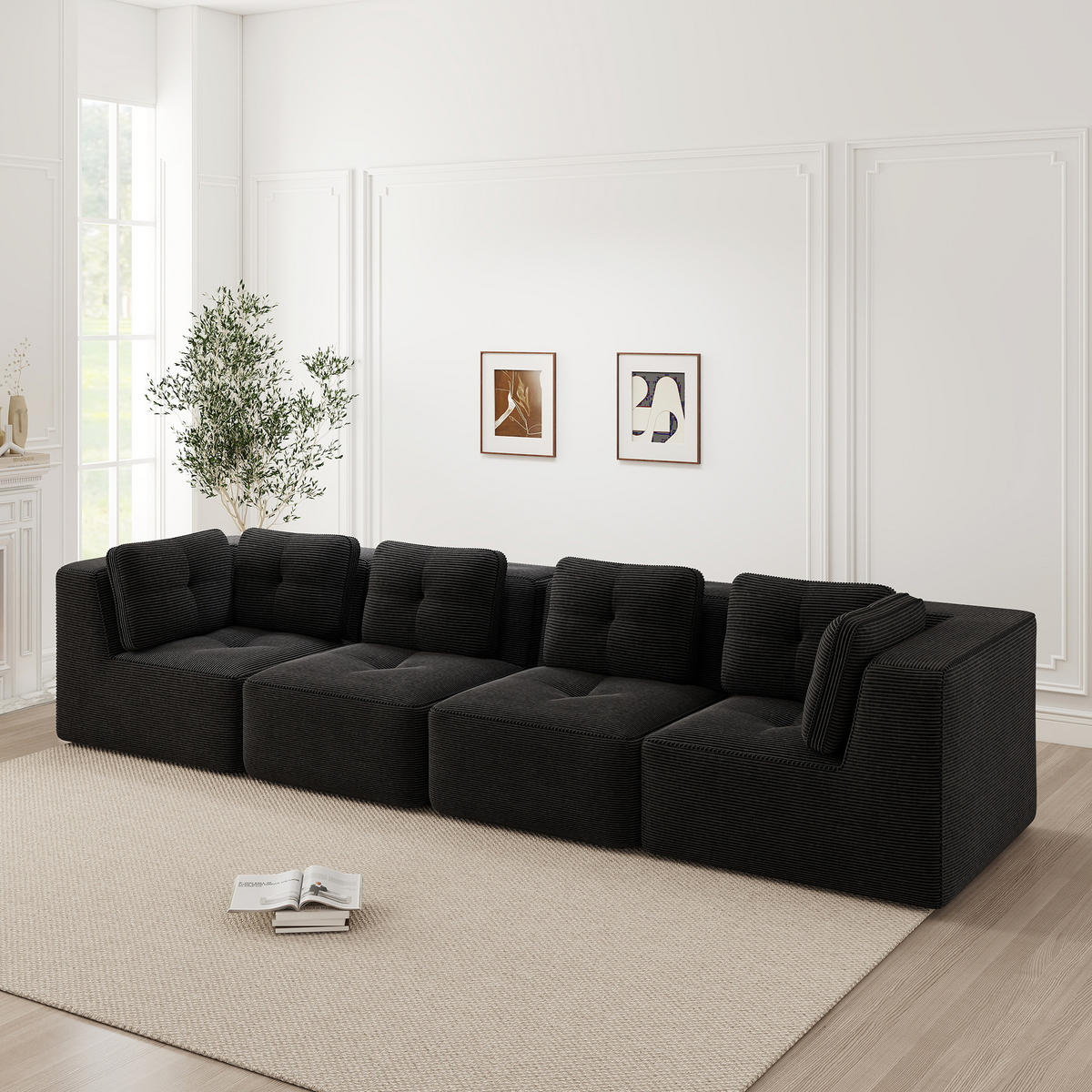 4-SITZER Sofa 386x104x69 cm aus Cordstoff rahmenlos modular, schwarz - Schwarz, Textil (104/69/386cm)