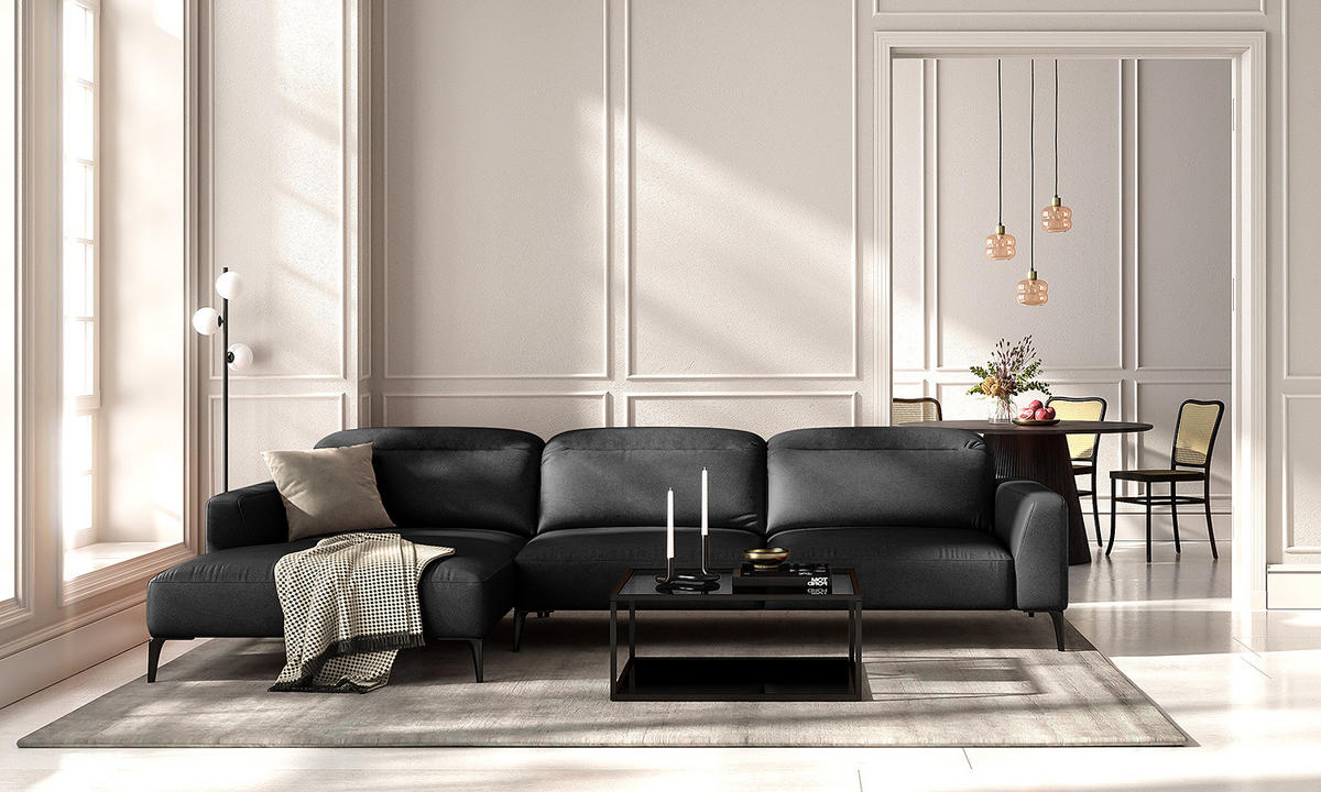 ECKSOFA mit Longchair - Schwarz, Leder/Metall (328/180cm) - home24