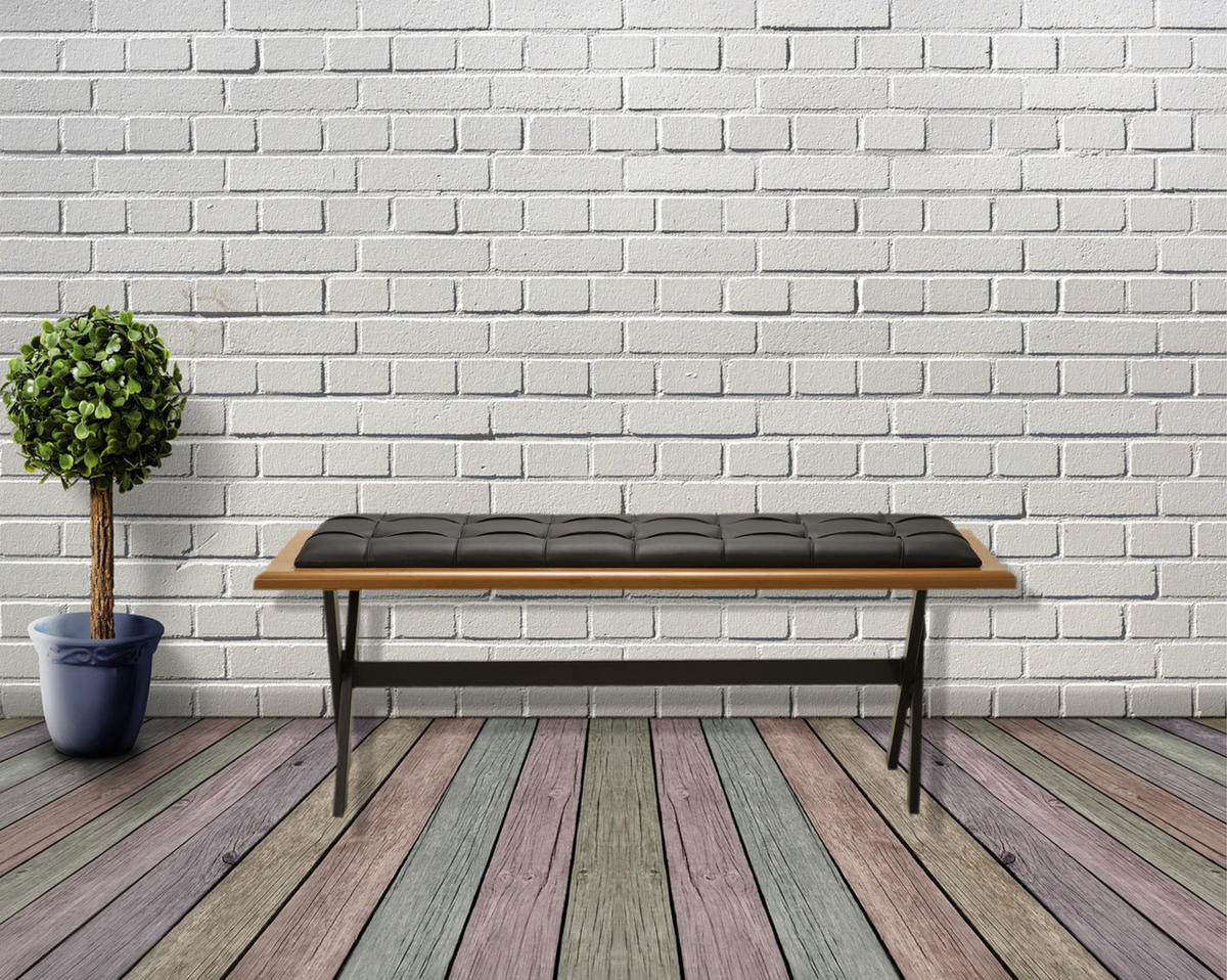 SITZBANK CAMBRIDGE mit Metallbeinen und Massivholz - Schwarz, Leder/Holz (129/50/44cm) - Stuhlmann