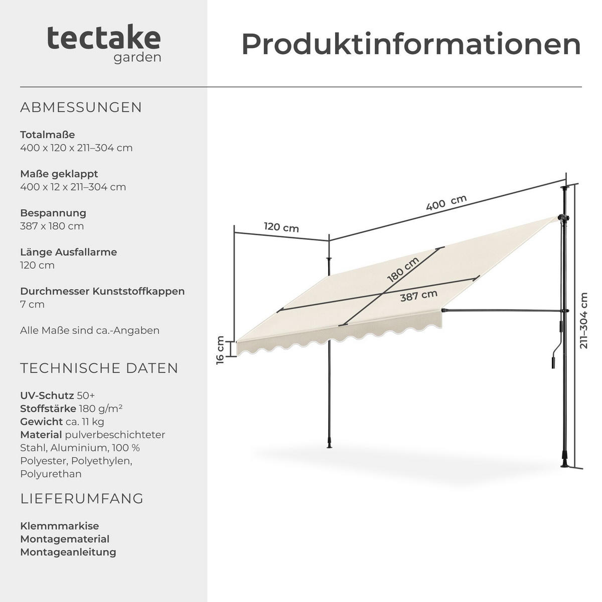 KLEMMMARKISE MIT HANDKURBEL , wasserabweisend, beige - Beige, Textil (400/304/180cm) - tectake