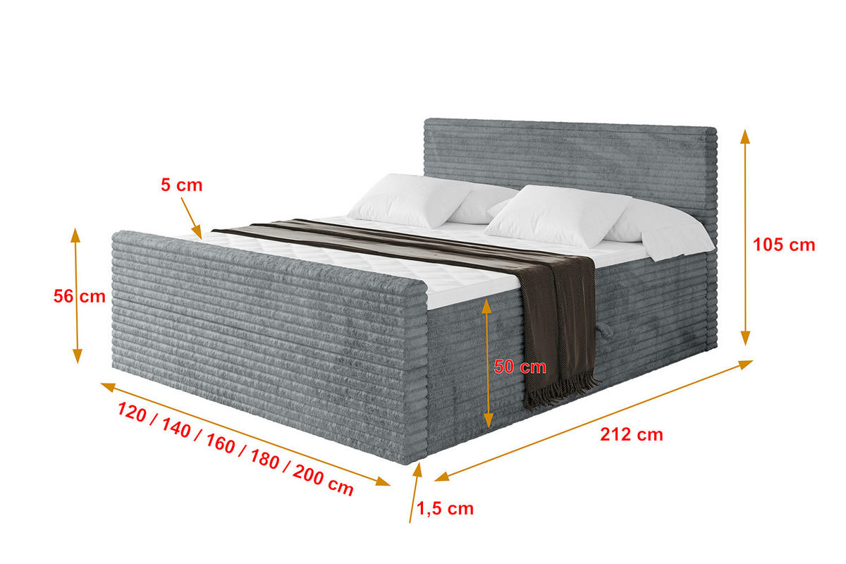 BOXBETT mit Matratze H4 und Lattenrost - TOLO-Z-v1 - 200x200 Cord - Dunkelgrau - Dunkelgrau, Holzwerkstoff (200/200cm)