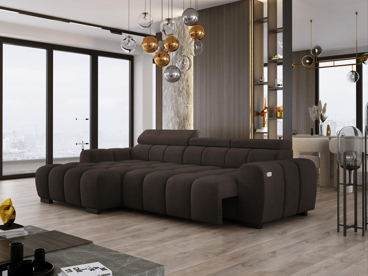 ECKSOFA OMBO 285x168x77/97 cm, Links, Schlaffunktion, elektr. Sitz, Kopfstützen, Buche dunkel, hydrophober SALVADOR-Stoff – Olivgrün - Anthrazit, Holz/Textil (168/285cm) - DomoHome