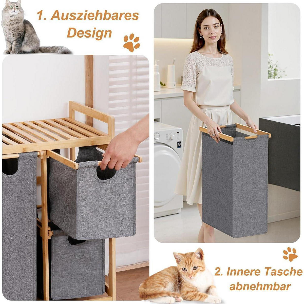 WÄSCHEKORB mit Ablage Bambus Grau 77 cm - Grau, Naturmaterialien (42/85/80cm)