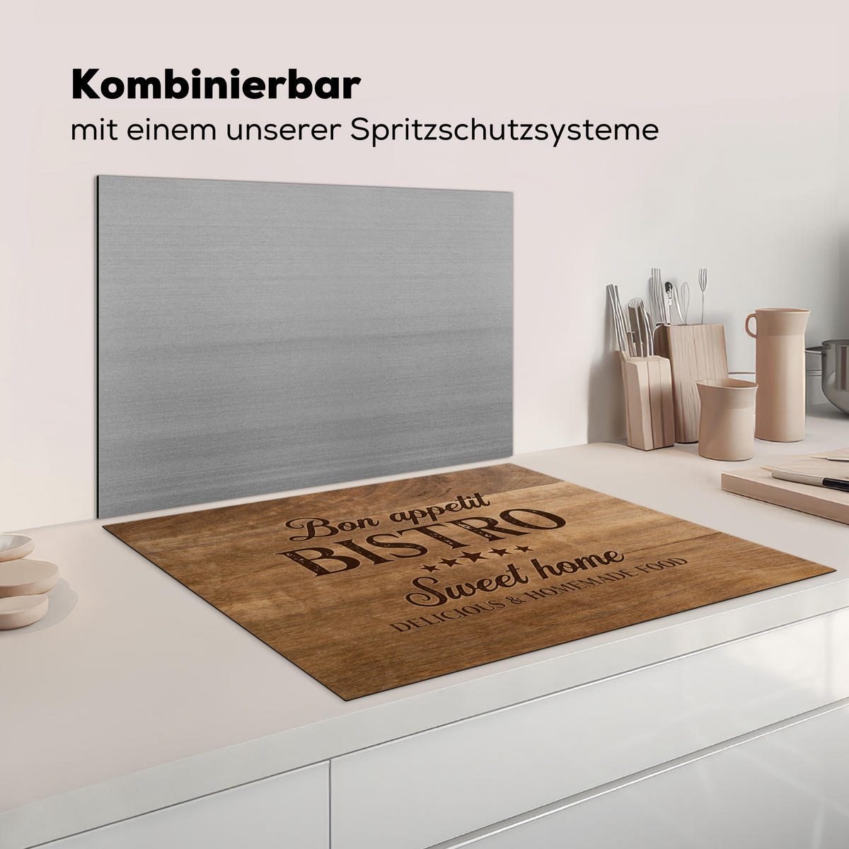 KRYT NA INDUKČNÍ DESKU Citace - Bistro - Dobrou chuť - Sweet home - Textura dřeva 77x59 cm - hnědá, plast (77/59/0.2cm) - MuchoWow