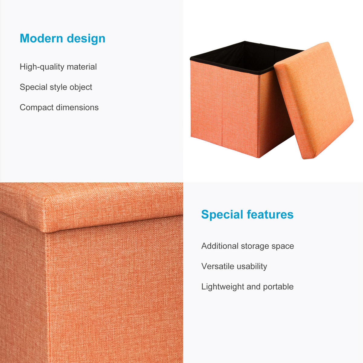 SITZBOX mit Stauraum 30/30/30 cm (Orange) - Orange, Textil (38/38/38cm) - Intirilife