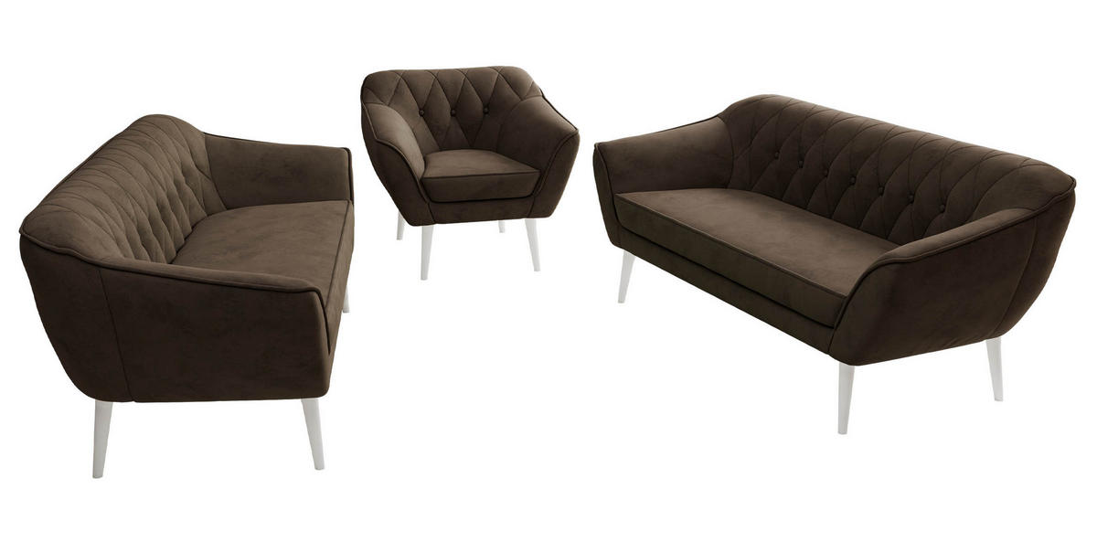 SITZGARNITUR PIRS 3+3+1 - Braun Velvet - Weiße Beine - Dunkelbraun/Braun, Holzwerkstoff/Textil (180/75/74cm) - MKS
