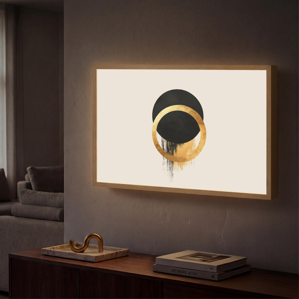 NÁSTĚNNÁ LAMPA S AKUMULÁTOREM Abstraktní design - Černý kruh - Skvrny od barvy 60x40 cm - krémová, kompozitní dřevo (60/40/8cm) - OnlyWow