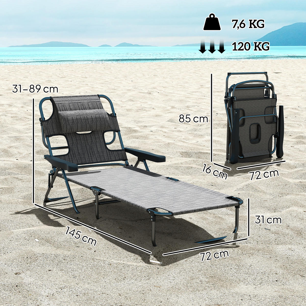 SONNENLIEGE Klappbare Gartenliege mit 4-fach verstellbarer 145 x 72 x 89 cm ,Grau - Grau, Metall (72/89/145cm) - Vallsero