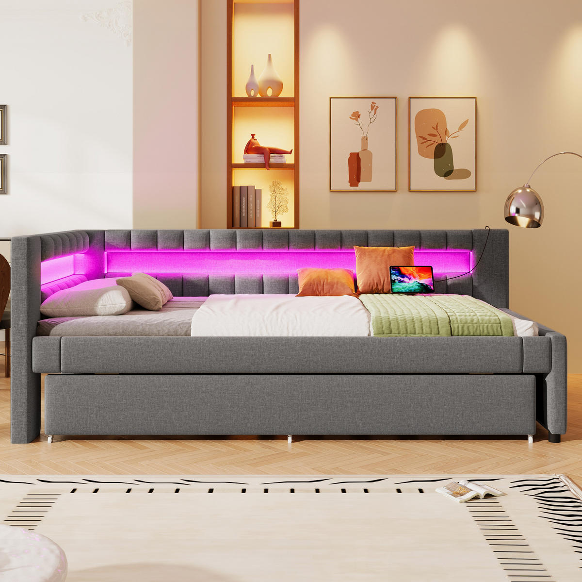 POLSTERBETT aus Leinen 90x200 cm in Grau mit LED & Ausziehbett - Grau, Textil (90/200cm) - Modfu