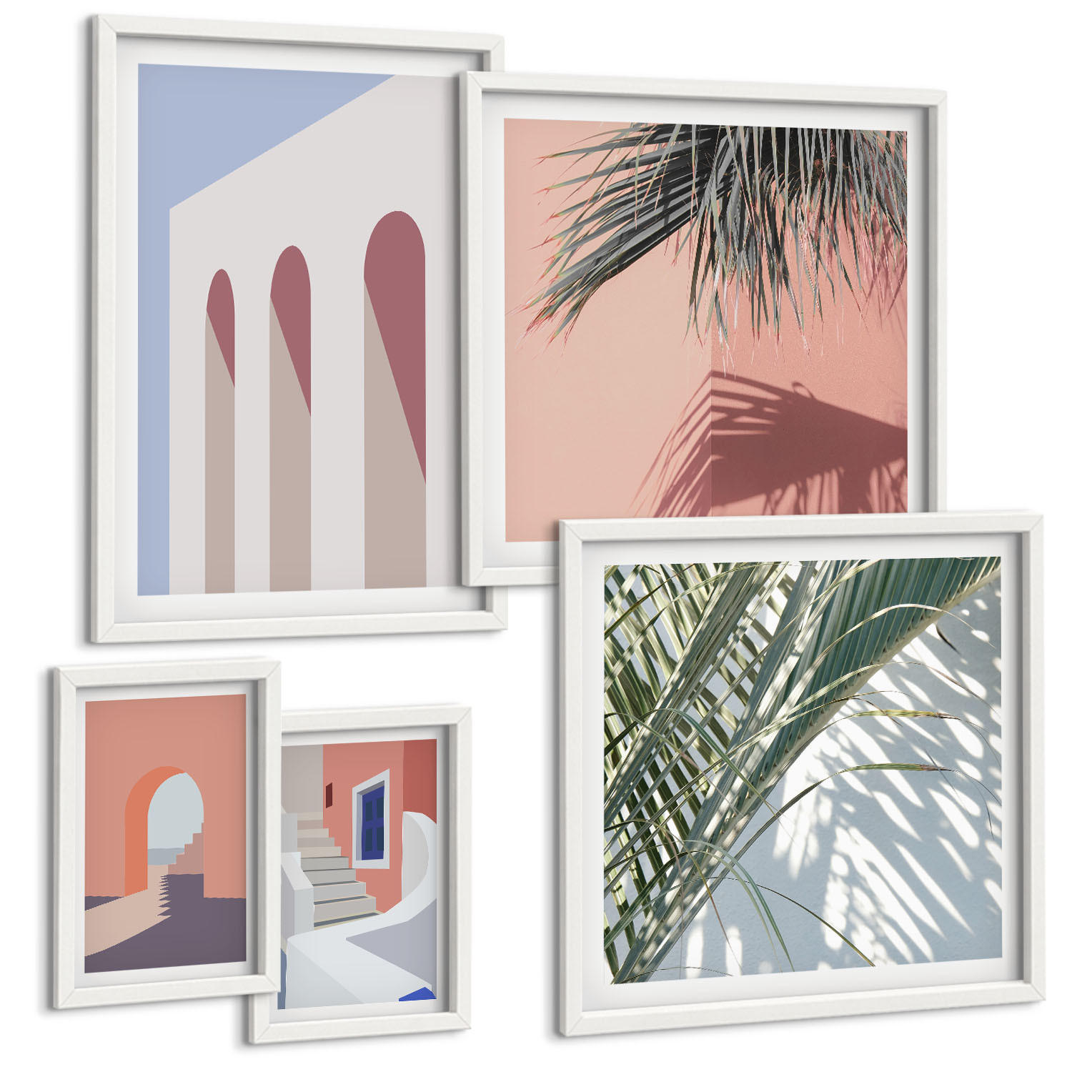 BILDER SET 5er Set - 50x50 cm & 20x30 cm & 40x60 cm Weißer Rahmen - Illustrationen der Stadtarchitektur - Weiß, Kunststoff (40/60cm) - TULUP
