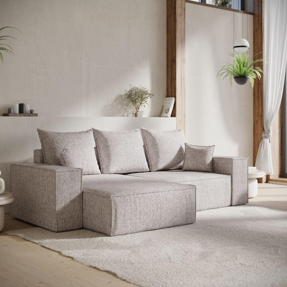 ECKSOFA SENSO mit Schlaffunktion Beige im Neve Stoff - Beige/Schwarz, Holz/Holzwerkstoff (255/148cm) - AltaBeds