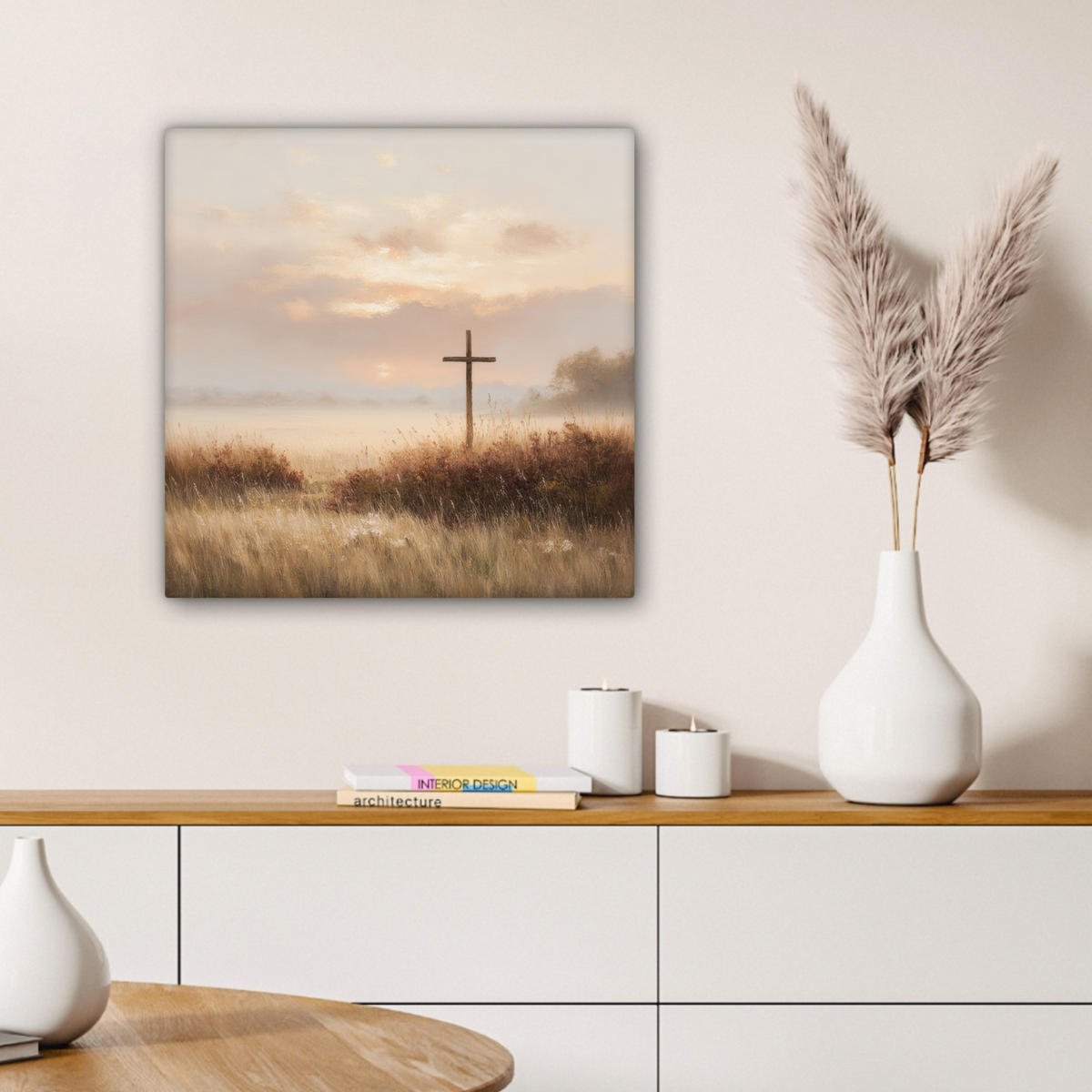 LEINWANDBILD Gras - Morgennebel - Kreuz - Christentum Wandbild Wohnzimmer 50x50 cm - Beige, Textil (50/50cm) - MuchoWow