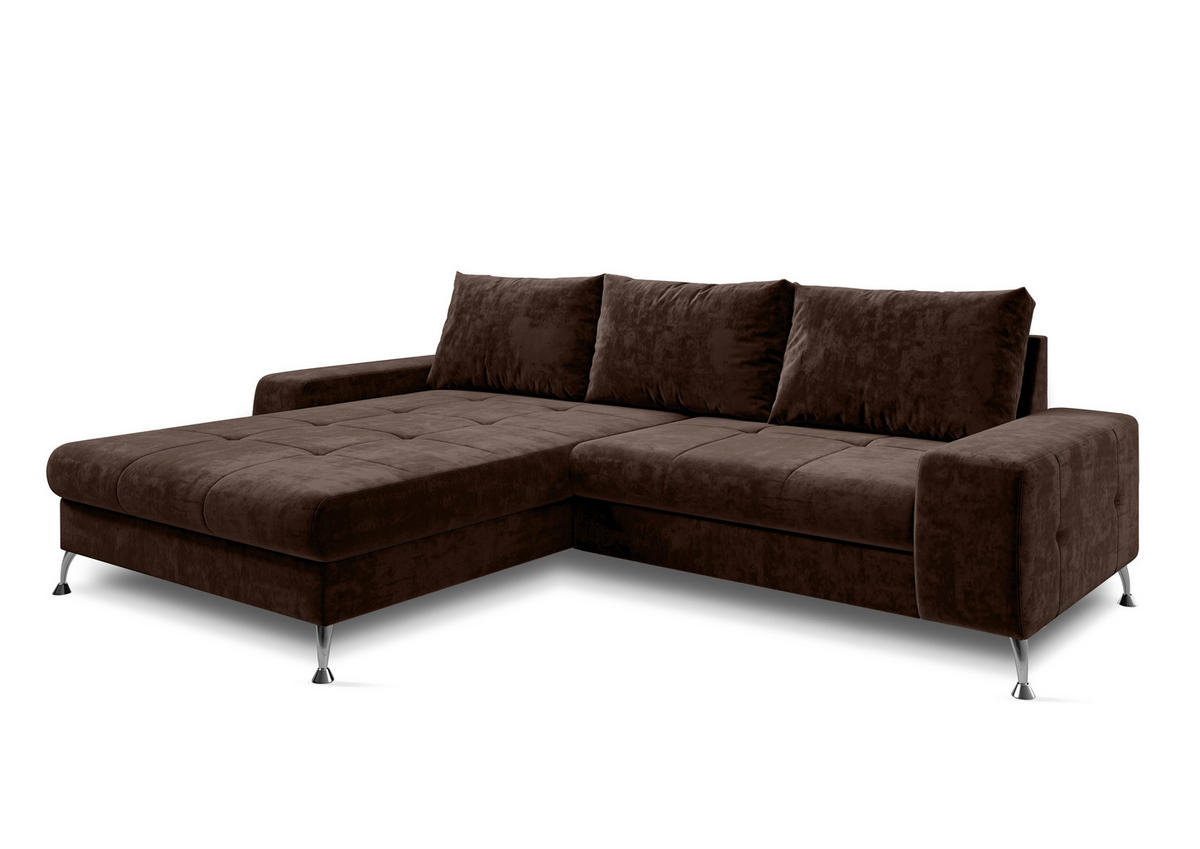 ECKSOFA L Form Artemia Braun Samt 275/210/81 cm – modernes Sofa fürs Wohnzimmer L - Silberfarben/Braun, Textil/Metall (210/275cm) - AX Living